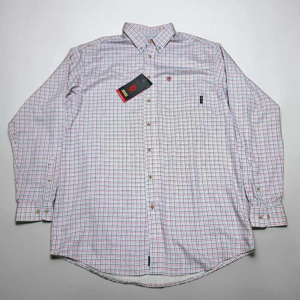 Ariat FR Gauge LS Work Shirt Blue Red White Check Men's XL Tall Moisture Wicking